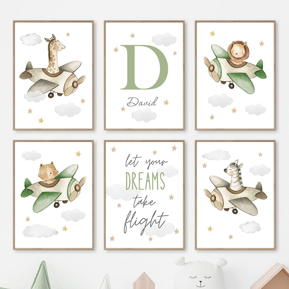 Baby Zebra Nursery - Quadri su tela con aereo, leone,