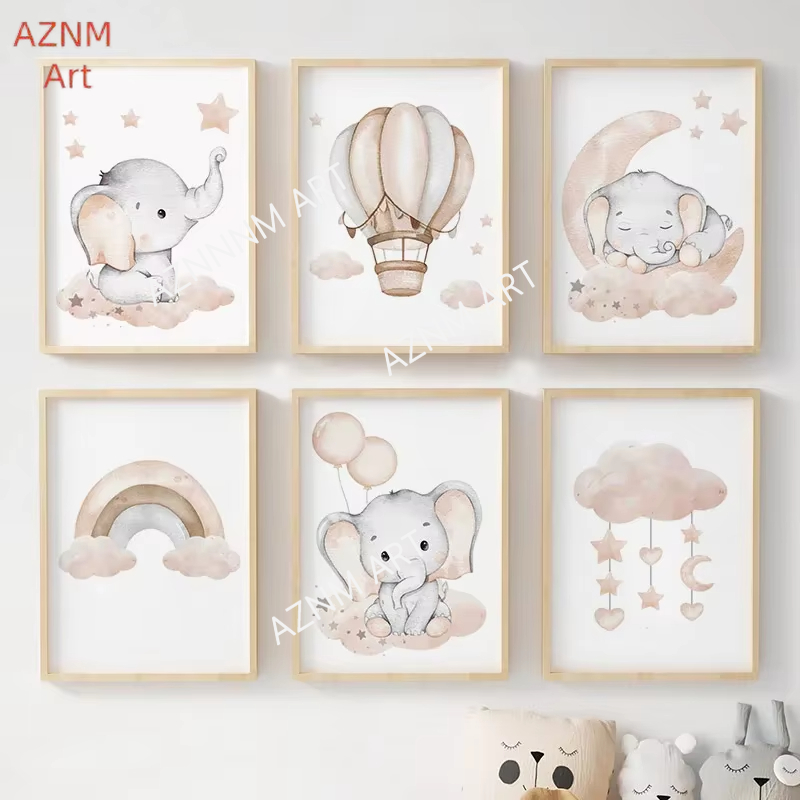 Baby Nursery Wall Art - Poster con elefante, palloncino, arcobaleno, luna,
