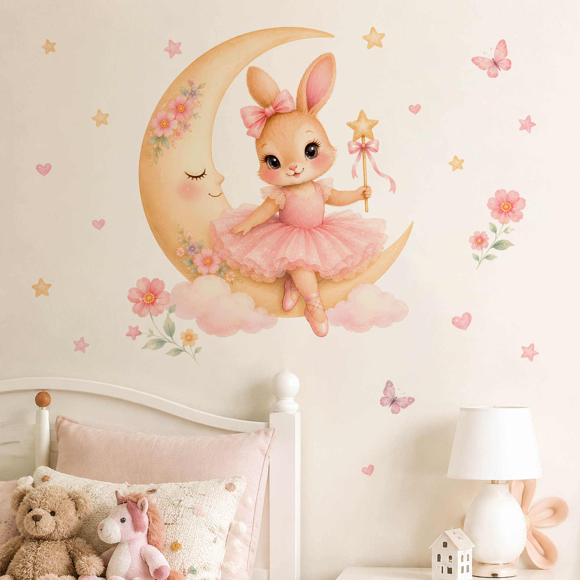 Baby Girl Nursery Quotes - Adesivi Murali Acquerello Ballerina Coniglietto Luna,