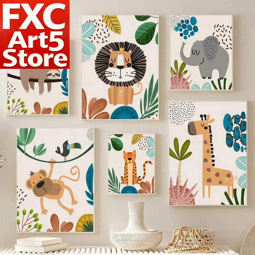 Baby Zebra Nursery - Poster Boho con Scimmie, Leoni, Giraffe,