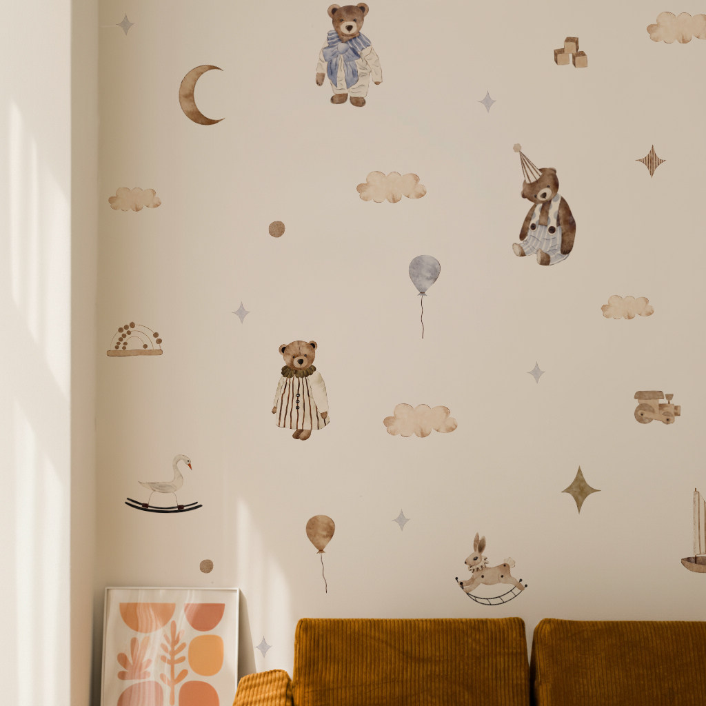 Baby Nursery Wallpaper Neutral - Adesivi Murali Boho Vintage con Orsacchiotto,