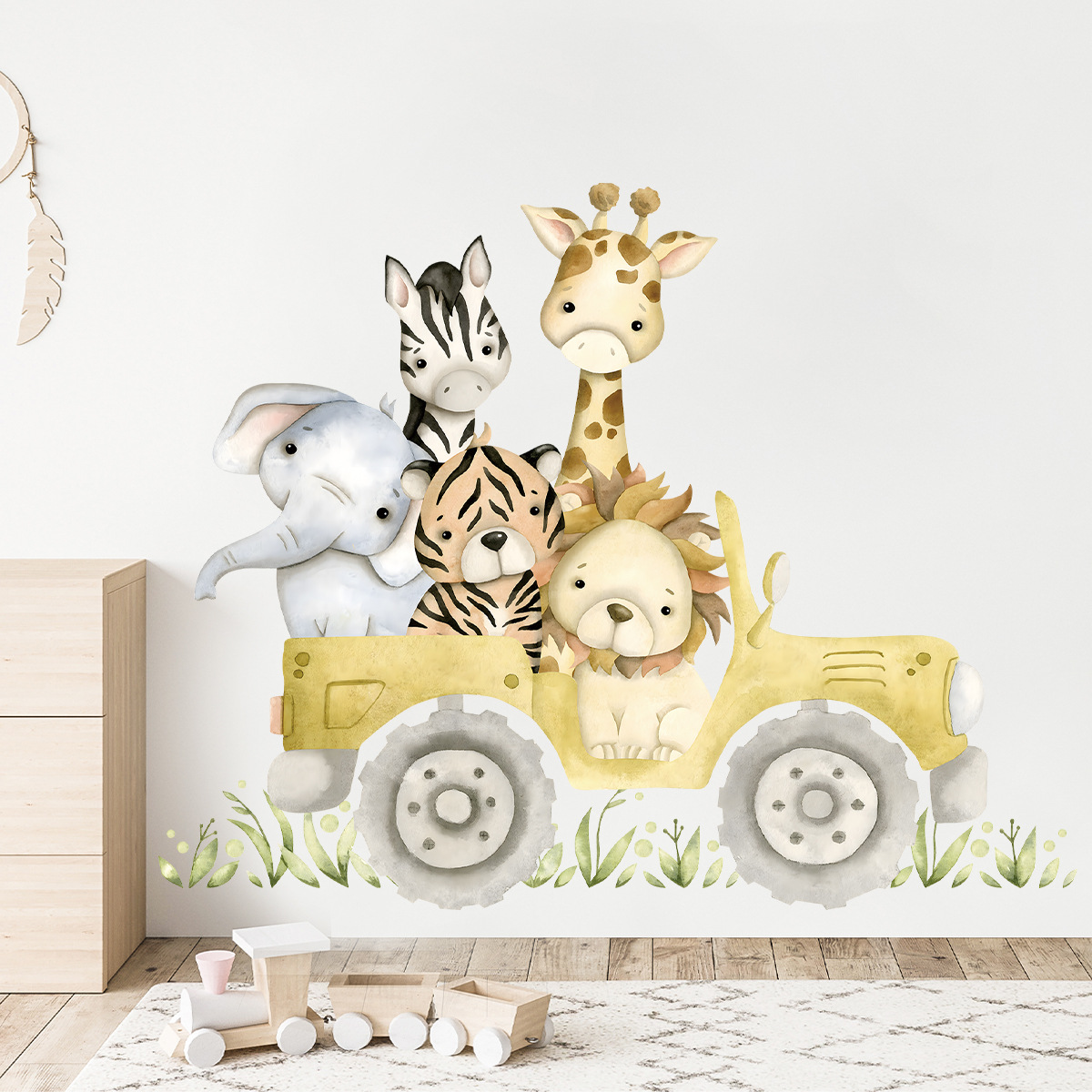 Baby Zebra Nursery - Simpatici animali guidano Jeep adesivi murali