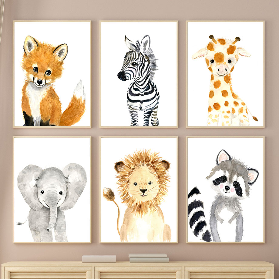 Baby Zebra Nursery - Poster Boho con Procione, Elefante, Leone,