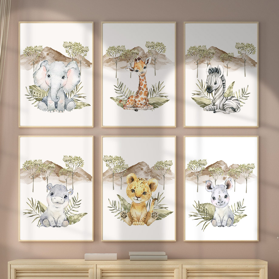 Baby Zebra Nursery - Poster con Giraffa, Zebra, Elefante, Leone,